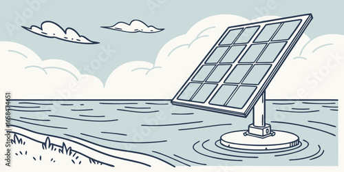 Vector art of solar panel in the middle of a lake, generating renewable energy source