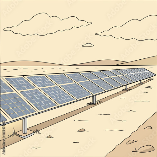 Vector art of solar panel installation in the desert landscape with mountains and clouds