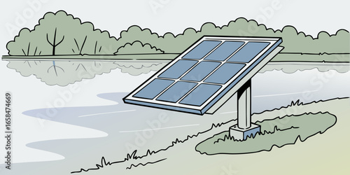 Vector art of solar panel on the shore of a lake, generating renewable energy source