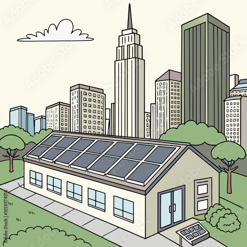 Vector art of solar panels on building roof in the city for renewable energy source