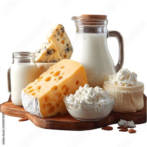 A selection of fresh dairy products including milk, cheese, and cottage cheese, presented on a wooden board, isolated on a transparent background