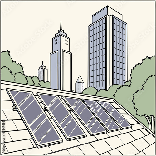 Vector art of solar panels on rooftop in the city for renewable energy generation