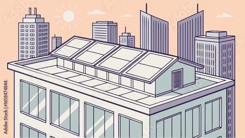Vector art of solar panels on a building roof in the city generate renewable energy