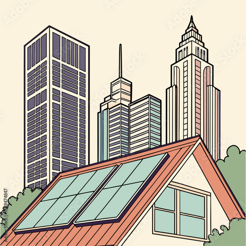 Vector art of solar panels on house roof in the city for renewable energy generation