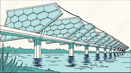 Vector art of solar panels over water for renewable energy generation in the future