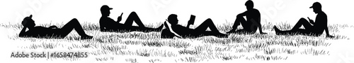 People relaxing on the grass, reading books, outdoor leisure, relaxation, sitting in park, enjoying nature, casual relaxing on the grass, reading books, outdoor leisure, relaxation, si