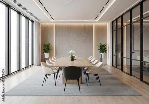 Modern conference room with large windows and sleek furniture for business meetings