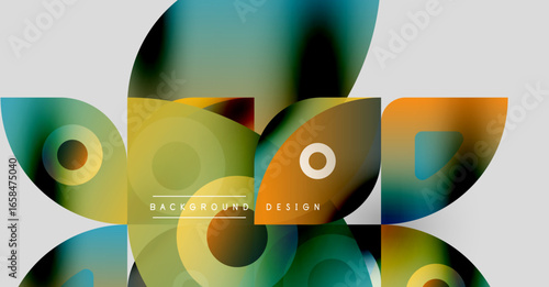 Abstract geometric shapes overlap. Colors blendyellows, blues, oranges. Modern design feels dynamic, vibrant, stylish.