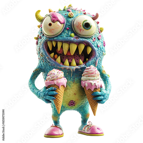 Colorful cartoon monster joyfully holding two ice cream cones in a playful, vibrant setting