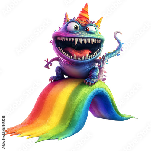 Colorful cartoon monster joyfully riding a vibrant rainbow, set against a whimsical fantasy backdrop