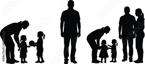 PrintSilhouettes of adults and children interacting in family and caregiving scenes, showing parenting, observation, bonding, and relationship vector illustration concep