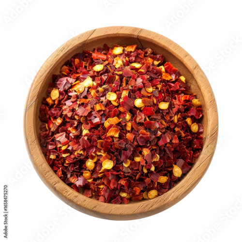 Red chili flakes in a wooden bowl, spice and seasoning ingredient