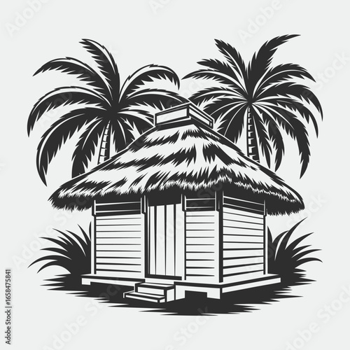 Tropical Beach Hut with Palm Trees, Vector Illustration 