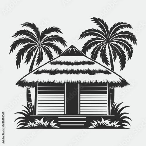 Tropical Beach Hut with Palm Trees, Vector Illustration 