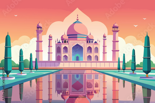 Stylized illustration of the taj mahal in india reflecting on water under a colorful sunset sky