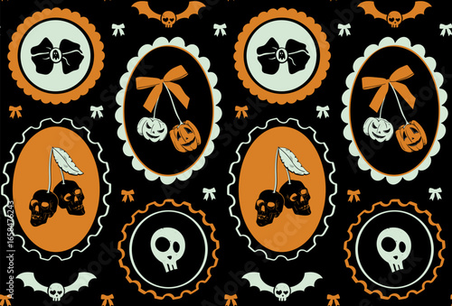 Seamless Halloween pattern with cherry-like skulls and pumpkins tied with bows in oval frames. Vintage coquette aesthetic, pastel goth, cute spooky design for background, wallpaper, print, fabric.