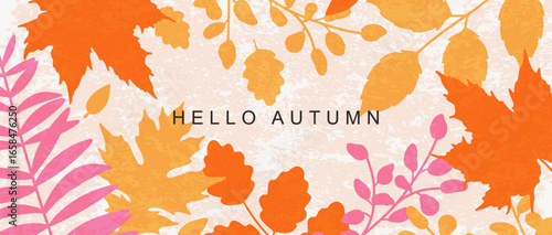 Autumn abstract banner with bright beautiful leaves. Fall art background, poster, cover or flyer design. Vector template for advertising, print, packaging, social media, card