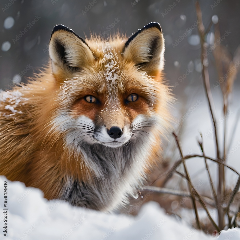 Obraz premium Close-Up of Fox Peeking Through Winter Snow – Sharp Eye Wildlife Photography