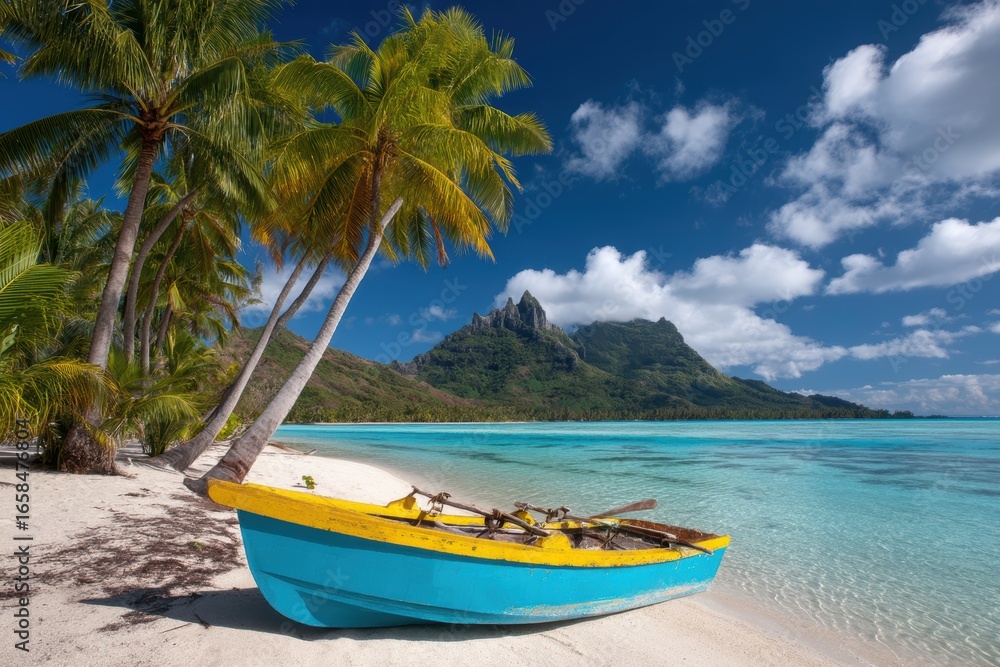 A colorful boat rests on a tropical beach with palm trees, turquoise water, and a lush mountain under a bright blue sky with clouds A colorful boat rests on a tropical beach with palm trees, turquoise water, and a lush mountain under a bright blue sky with clouds