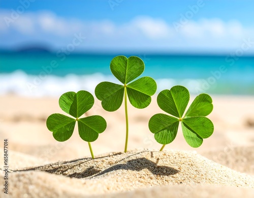 Tropical St. Patrick's Day: Three Leaf Clovers on a Sandy Beach Paradise