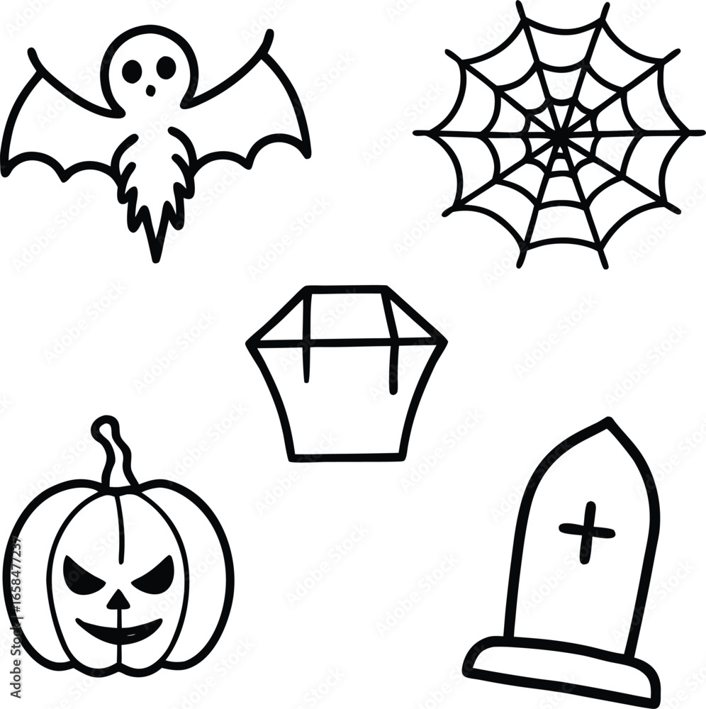 Obraz premium Spooky Halloween Icons: Ghost, Pumpkin, Tombstone, Spiderweb, and Gemstone