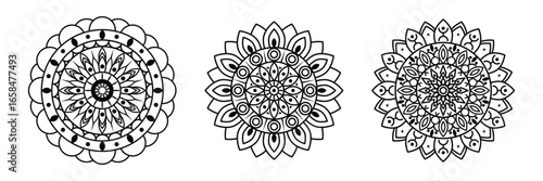 Pongal Onam Indian traditional festival mandala icon vector illustration set with ethnic floral circular decorative cultural design elements.