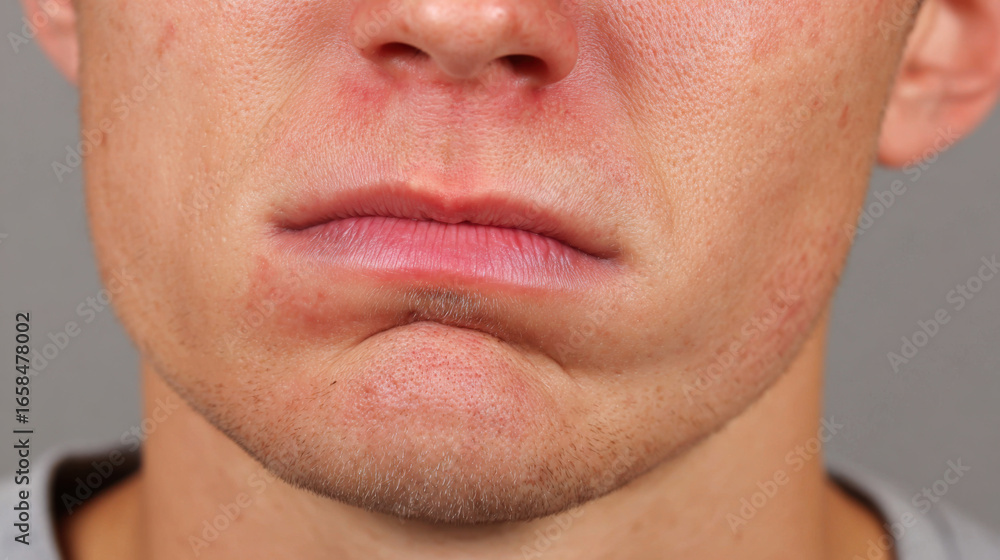 Obraz premium Young adult male with swollen face from tooth infection is shown in close up, highlighting discomfort and redness. expression suggests pain and irritation