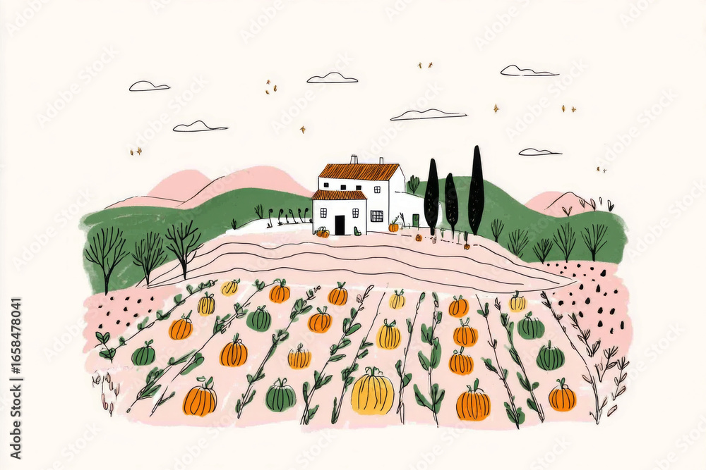 Obraz premium Colorful pumpkins decorate a rustic patch as the warm light of late afternoon enhances the beauty of the farmhouse and rolling hills in the background, creating a serene autumn atmosphere