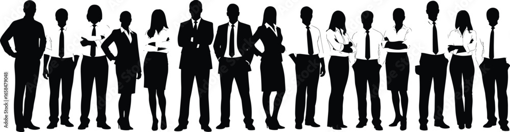 PrintSilhouettes of diverse business professionals standing in a row, representing teamwork, corporate culture, leadership, and professional attire in workplace settings PrintSilhouettes of diverse business professionals standing in a row, representing teamwork, corporate culture, leadership, and professional attire in workplace settings