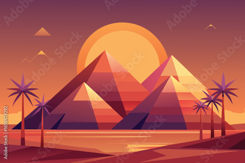 Sunset over egyptian pyramids with palm trees a scenic landscape vector illustration in warm tones
