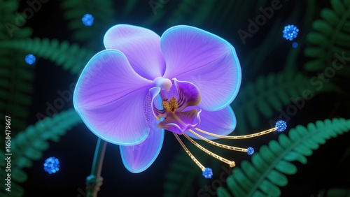 Cyber Mechanical Orchid, Mechanical Floral Tech Ecology, Futuristic Plant Design, Sci-Fi Bio Element
