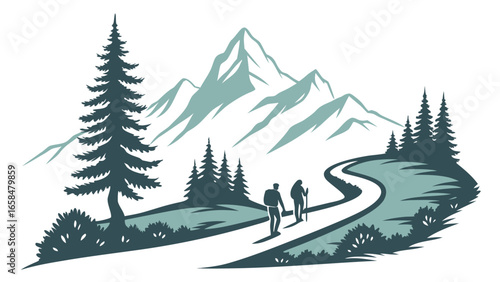Illustration of a couple hiking a mountain trail with trees and a mountain range in the background