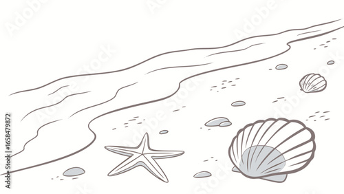 Illustration of a beach with starfish and seashells on the sand near the water