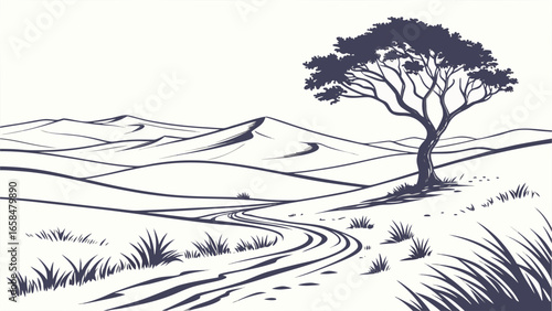 Illustration of a desert landscape with a tree and sand dunes