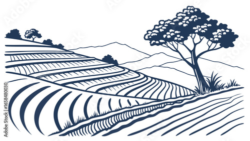 Illustration of a terraced field landscape with trees and mountains in the background