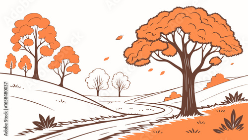 Illustration of an autumn landscape with trees and a winding road