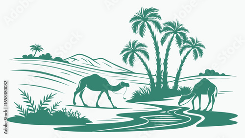 Vector art of a desert oasis with camels and palm trees, a tranquil scene of survival in the arid landscape