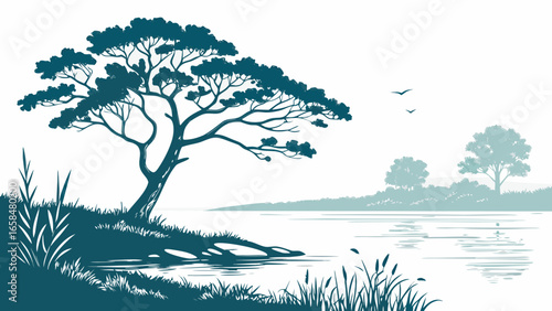 Vector art of a tranquil lakeside scene with a tree on the shore, reflecting in the calm water on an idyllic sunny day