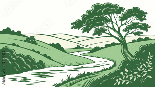 Vector art of idyllic green valley landscape with winding river, lush trees, and rolling hills, creating a serene and peaceful countryside scene