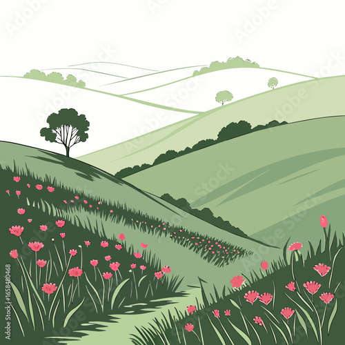Vector art of idyllic rolling hills landscape with wildflowers and trees, a tranquil rural scene with a path winding through the green fields
