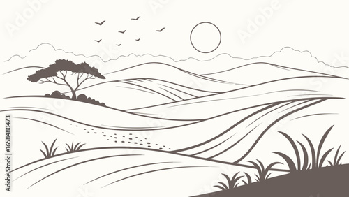 Vector art of landscape with hills and trees hand drawn vector illustration in vintage style minimalist design