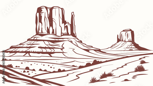 Vector art of monument valley desert landscape with mountains and road, vector illustration in vintage style