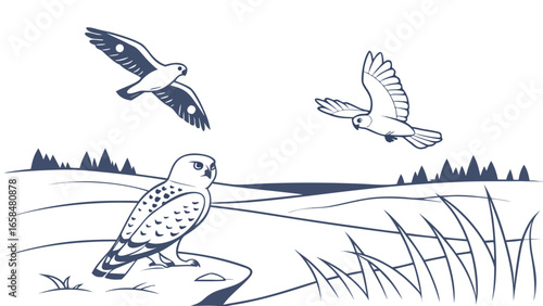 Vector art of snowy owl perched on a rock with two other owls flying in the sky