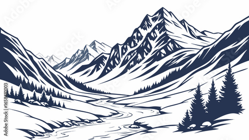 Vector art of winter mountain landscape with snowcapped peaks, a river and pine trees in a vintage style