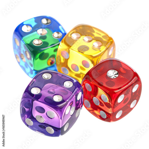 Four Colorful Dice Stacked Together in Random Arrangement on Dark Surface.