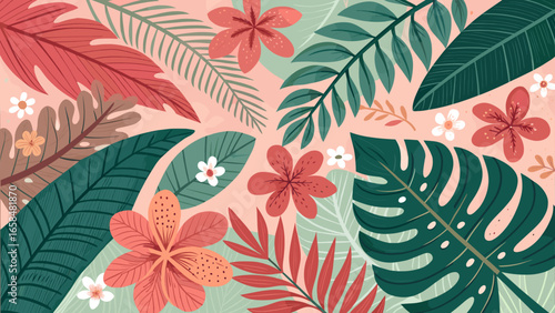 Colorful tropical leaves and flowers in a flat lay pattern  