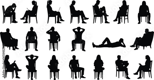 PrintSilhouettes of seated and reclining people in various poses including reading, thinking, relaxing, and working on laptop, ergonomic posture vector illustration set
