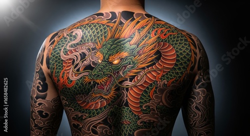 Back Tattoo with Green Dragon and Orange Flames on Dark Background