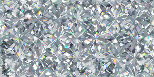 Seamless diamond pattern - vector illustration of iridescent crystal background. Glass texture with colorful shimmering light reflections. Realistic dazzling precious stone closeup.