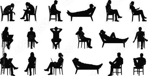 PrintSilhouettes of seated and reclining people in various relaxed poses including reading, thinking, lounging, and working, ergonomic posture vector illustration 